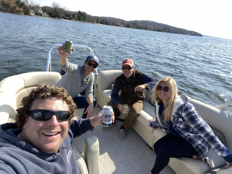 Friends on a pontoon rental at Leelanau Boat Co